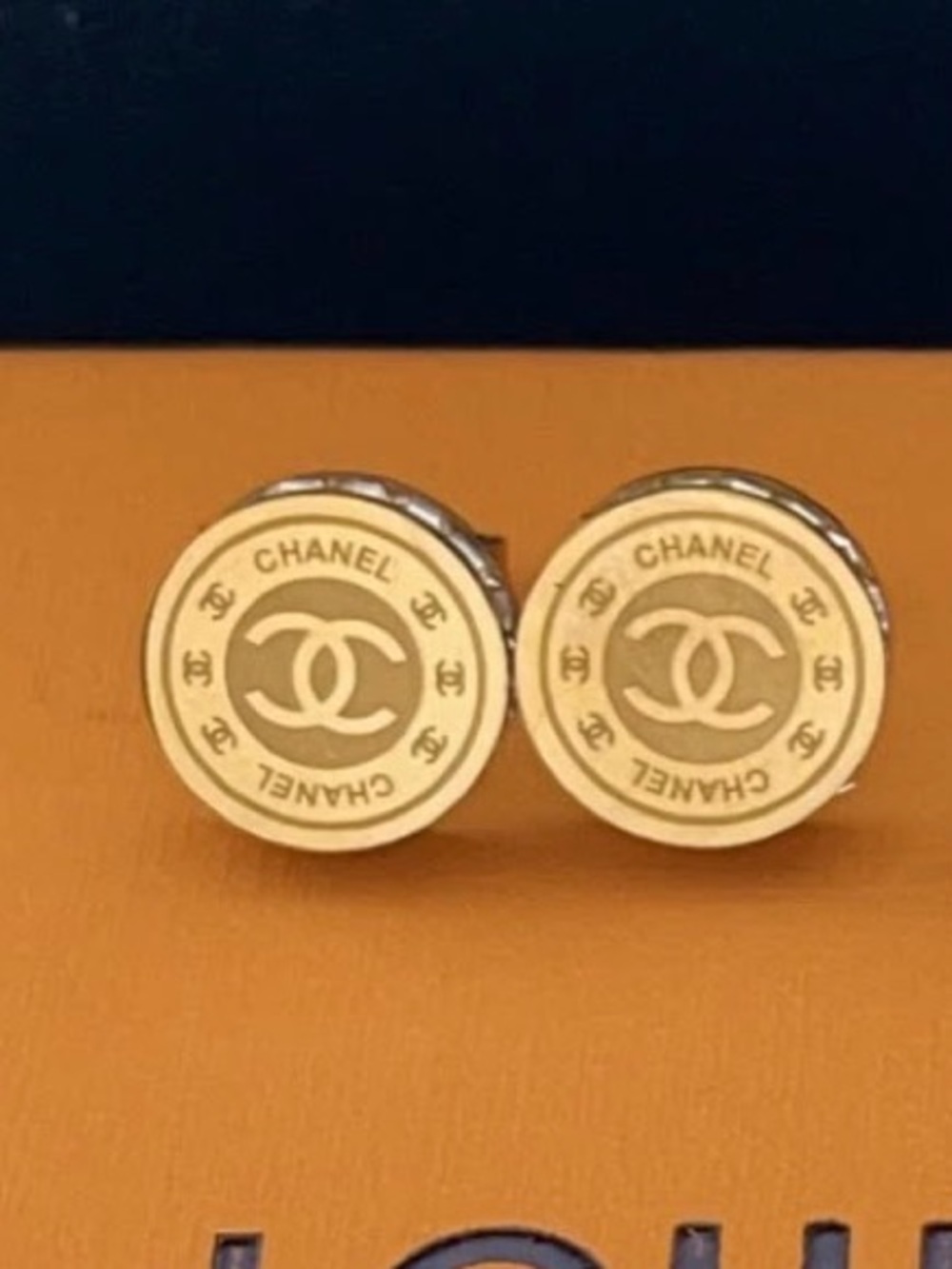 Designer Inspired Gold and Cream Round CCC Logo Earrings